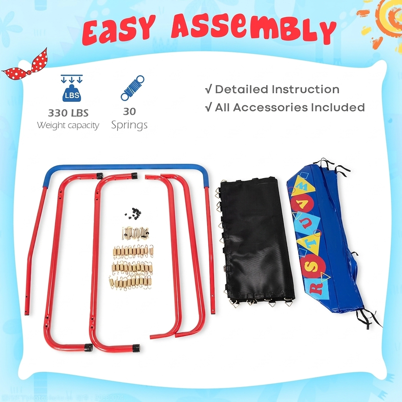 36-in Square Trampoline for Kids Foam Handrail 330-lb Capacity 24-Letter Alphabet Mat Safety Cover Blue