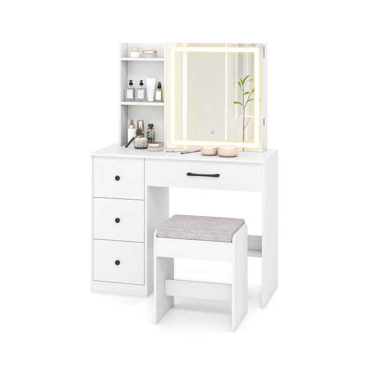 Hivvago Vanity Desk With Sliding Mirror And Lights Makeup Table And Chair Set With 4 Drawers