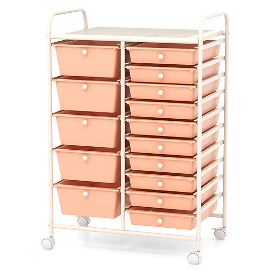 SUGIFT Peach 34-in 15-Drawer Rolling Utility Cart Kitchen Pantry and Laundry Organizer with Locking Casters