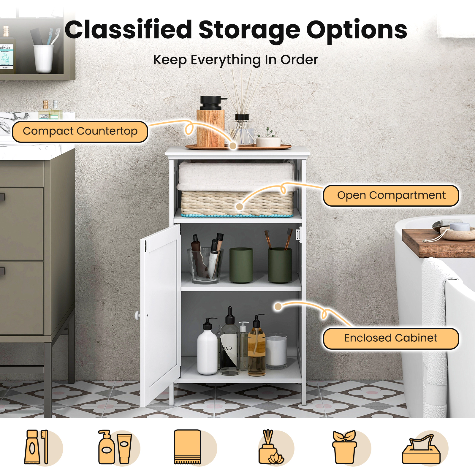 SUGIFT Freestanding MDF Bathroom Floor Storage Cabinet with Adjustable Shelf 27.5-in Tall WhiteGray
