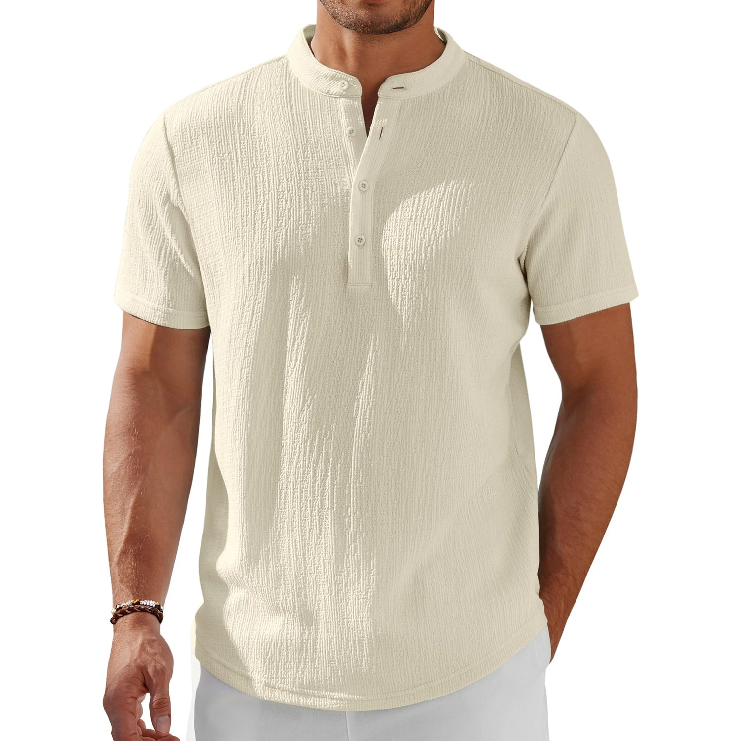 COOFANDY Mens  Casual Henley Shirt Short Sleeve Band Collar Button Crinkle Tee