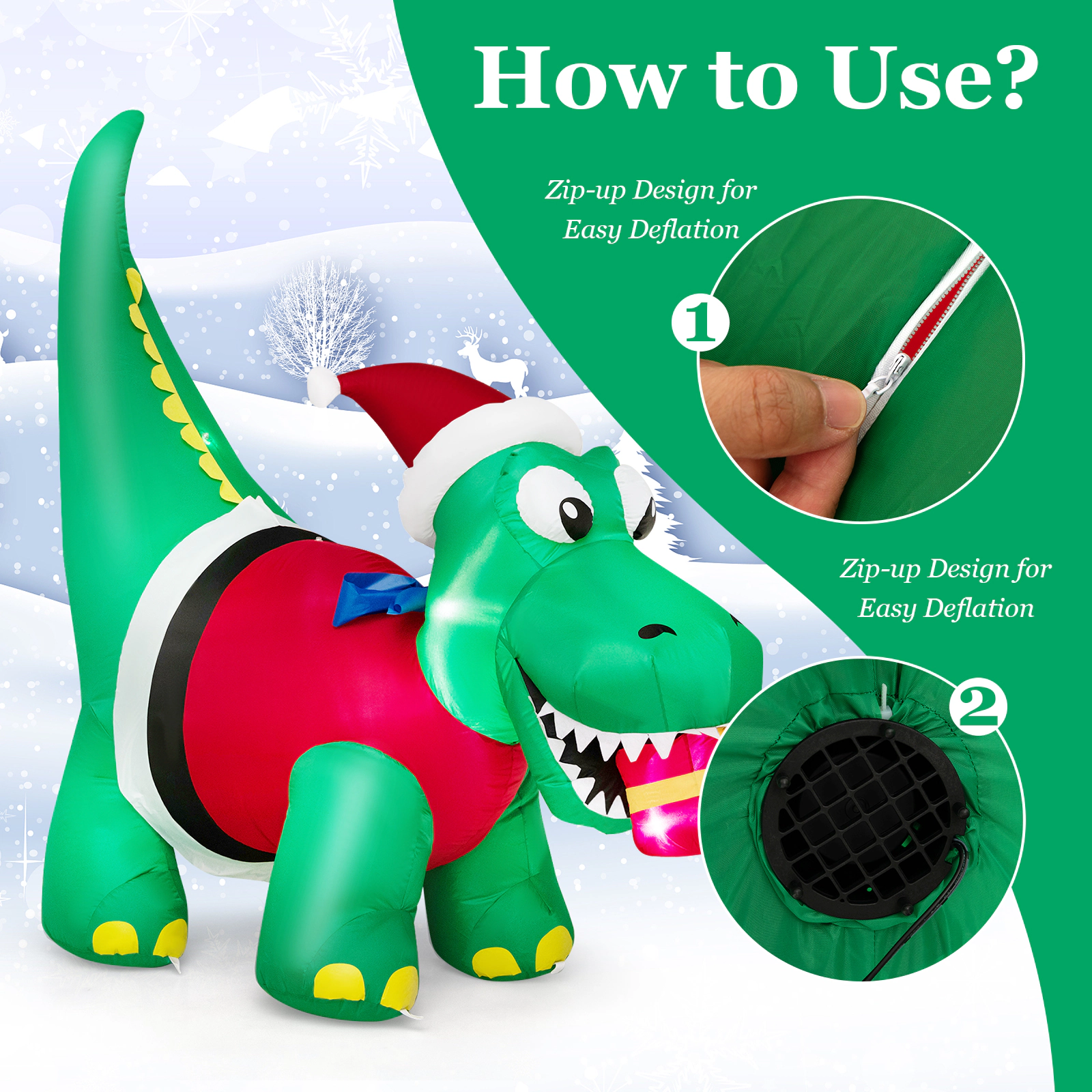 SUGIFT Inflatable Dinosaur Christmas Yard Decoration with LED Lights 6-ft Tall Green