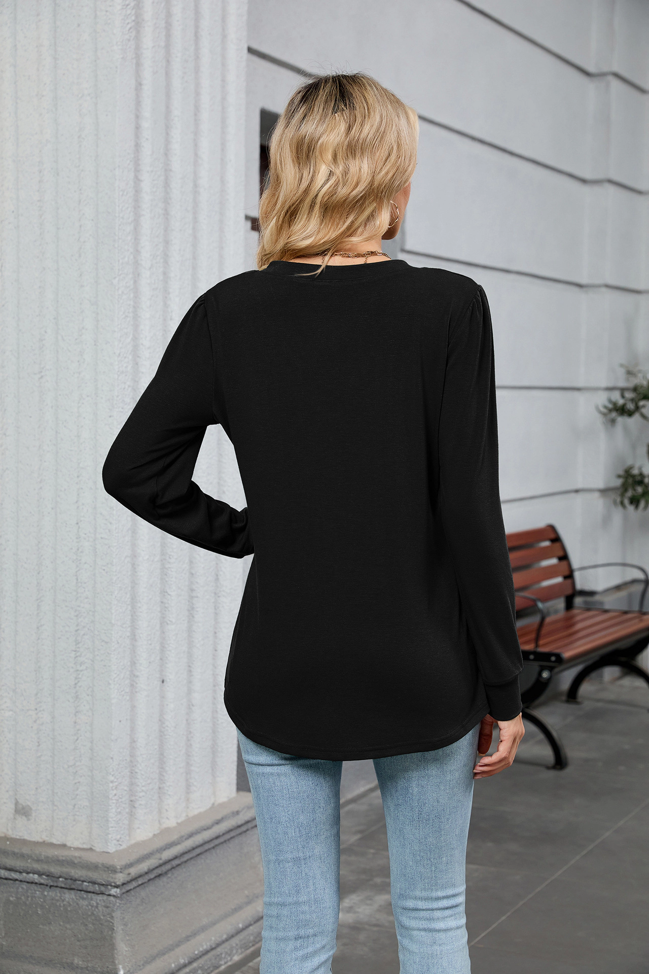 Enchanted Funland Womens V‑Neck Front Pleated Long Sleeve Curved Hem Tunic Tops