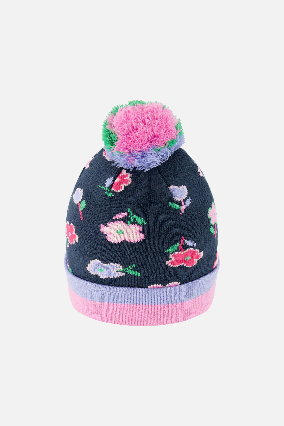 Deux par Deux Girls Floral Print Winter Knit Hat with Pompom