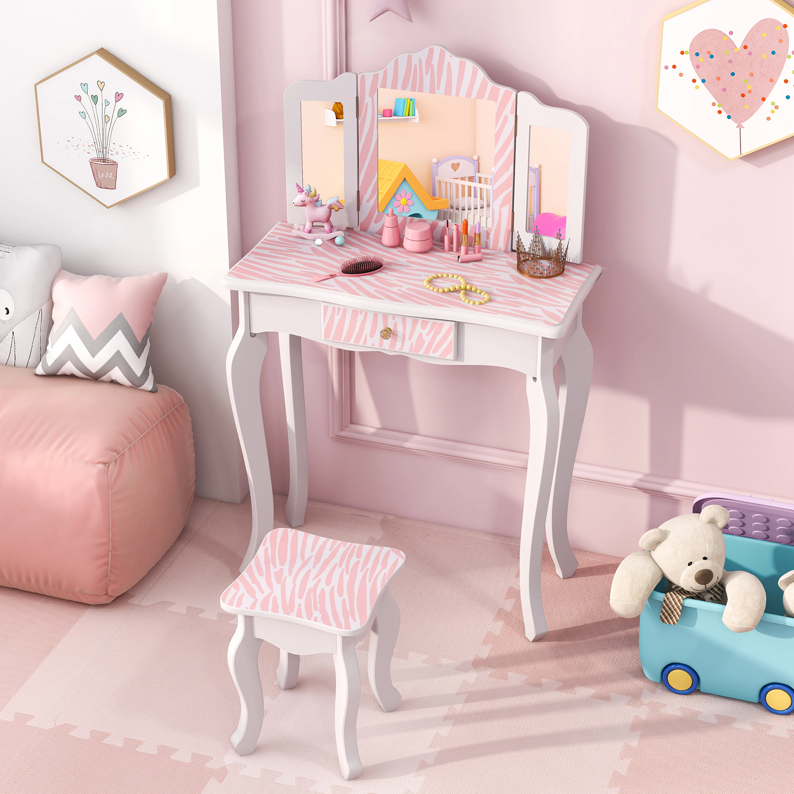 SUGIFT Pink Tri-Folding Mirror Storage Drawer 3 Makeup Accessories and Stool Kids Vanity Set