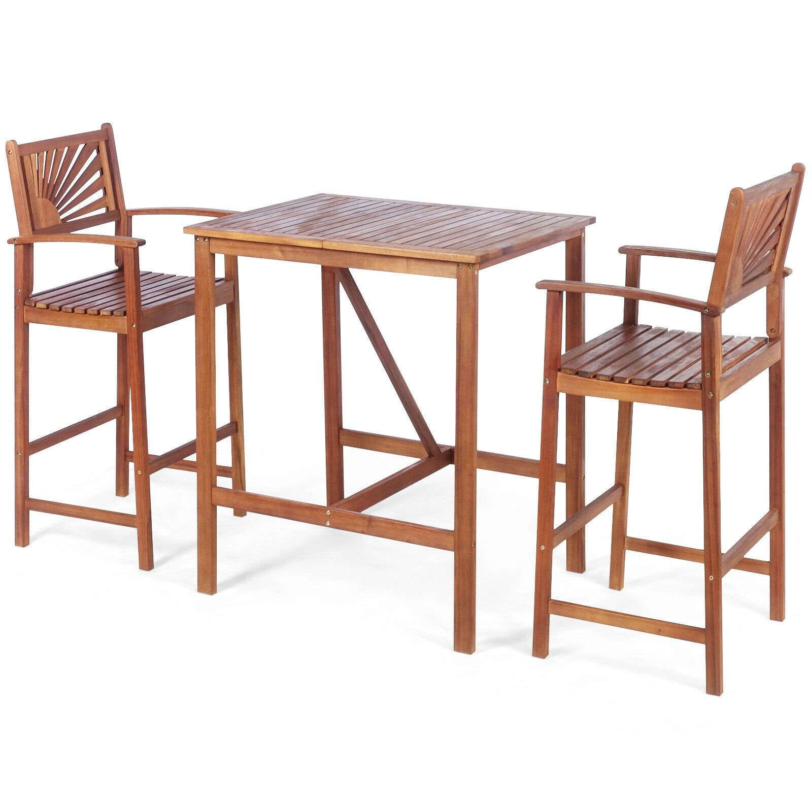 SUGIFT 3-Piece Acacia Wood Patio Bar Set, 35.5-Inch Table and 29-Inch Seat Stools