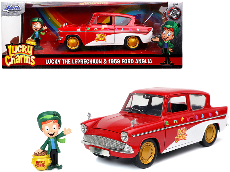 Jada 1959 Ford Anglia Red and White with Lucky the Leprechaun Diecast Figurine "Lucky Charms" 1/24 Diecast