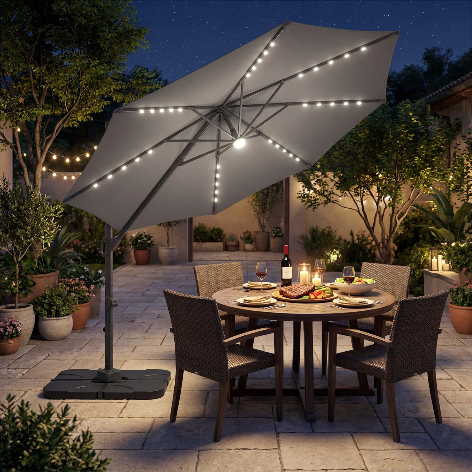 SUGIFT 10-ft Gray Offset Cantilever Patio Umbrella with 35 Solar LED Lights and 220-lb Fillable Base for Deck