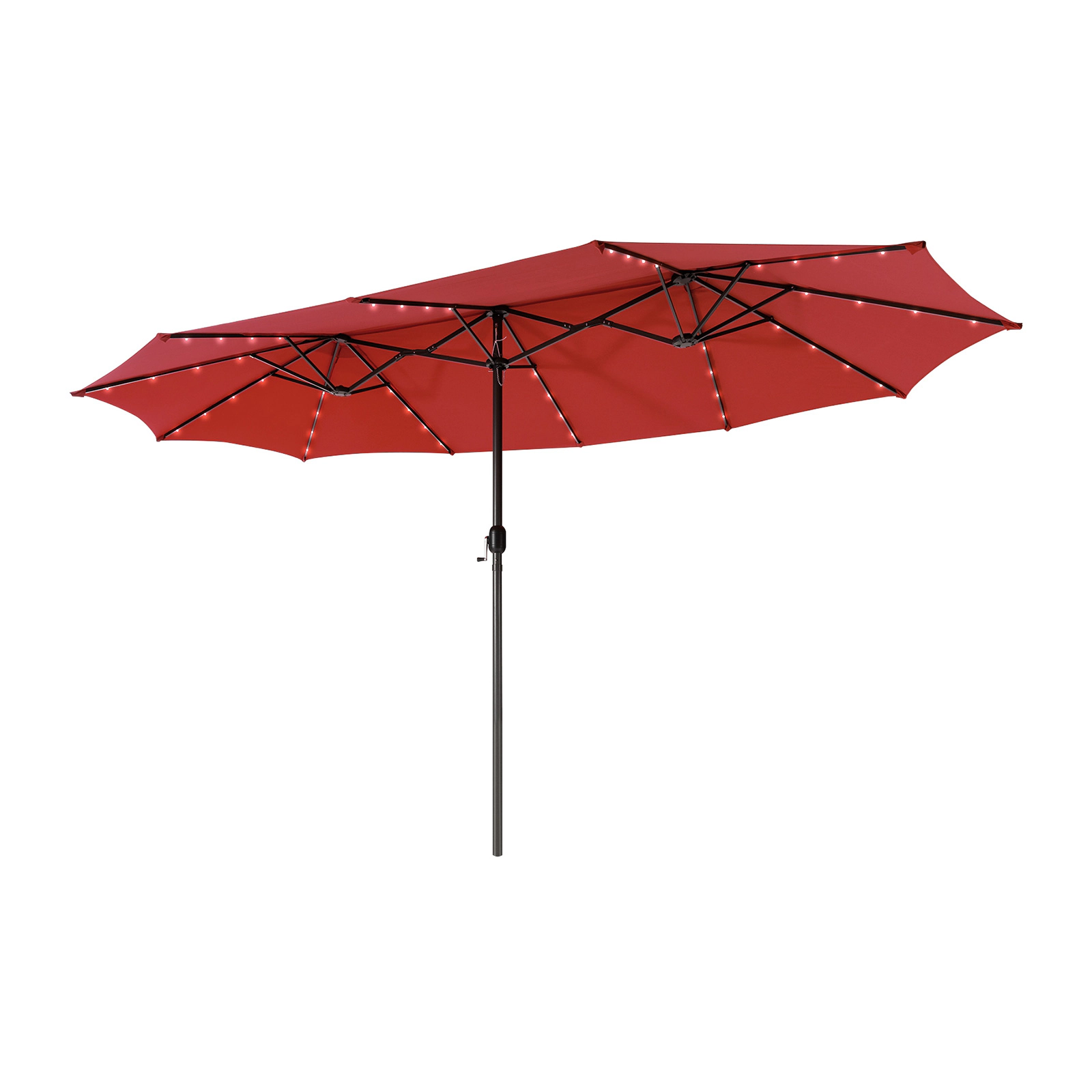 SUGIFT Double-Side 15.4-in Twin Patio Umbrella with 48 Solar LED Lights and Hand-Crank System Dark Red