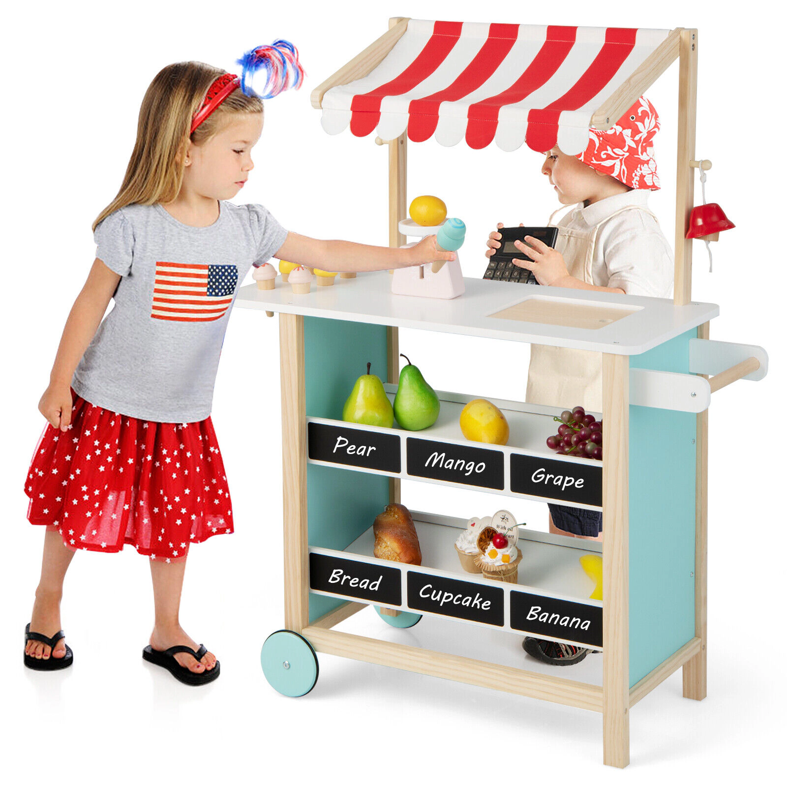 LJG Kids Wooden Ice Cream Cart with Chalkboard and Storage