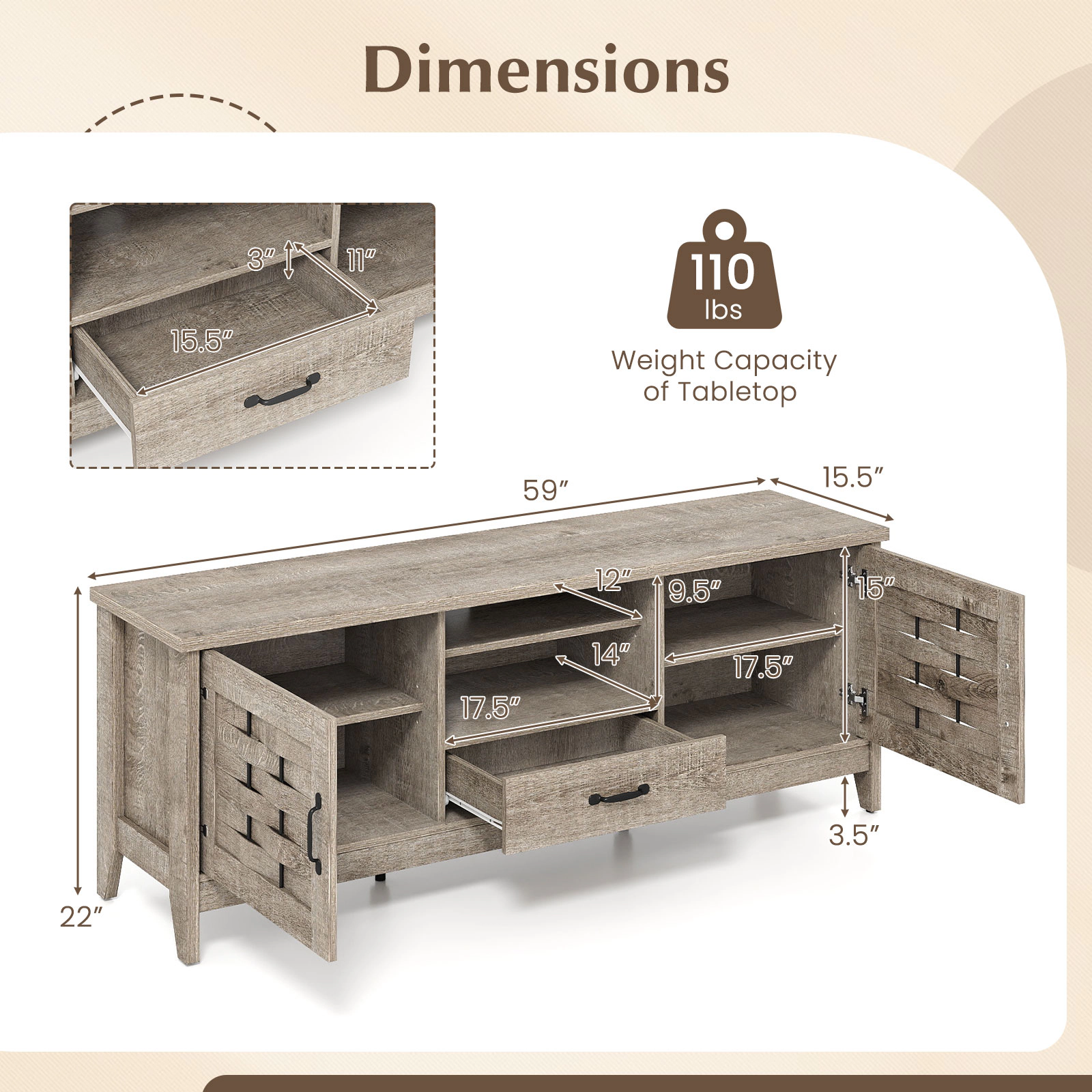 LJG Farmhouse TV Stand for 65 Inch TVs with 2 Woven Accent Doors and 3 Adjustable Shelves