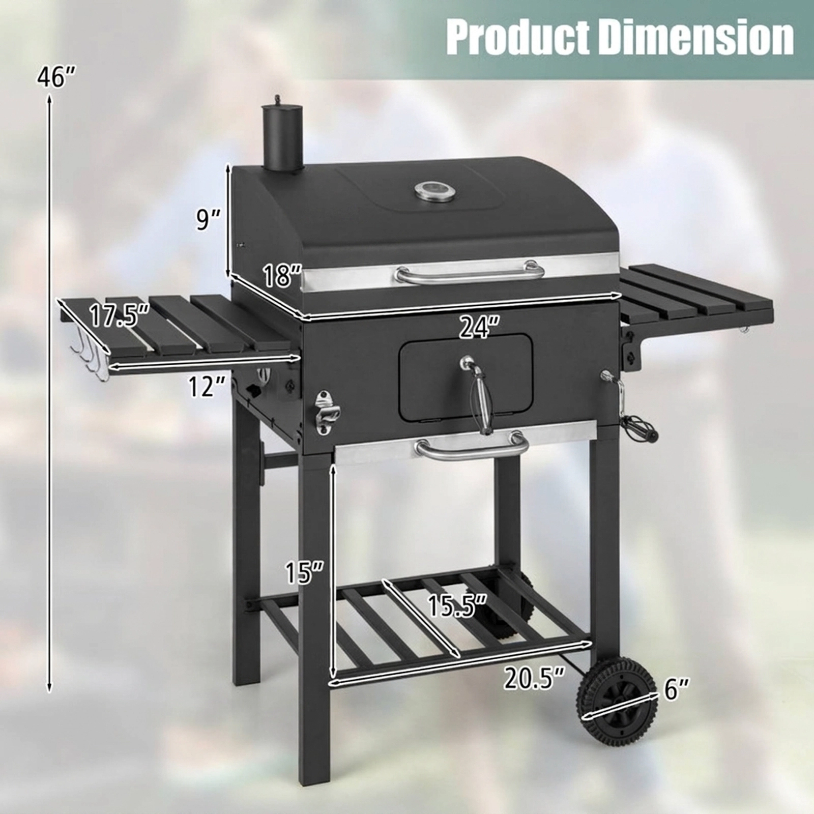 SUGIFT Black Outdoor Charcoal Grill with 2 Foldable Side Tables and Wheels 50.5-in W 21-in D 46-in H
