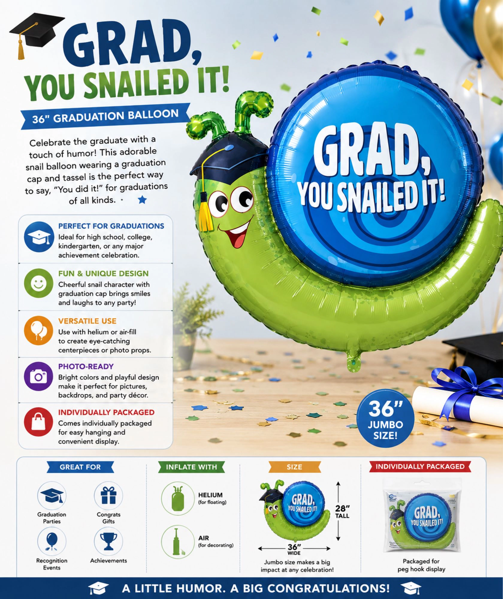 LoonBalloon You Snailed It Graduation Balloon 36 in