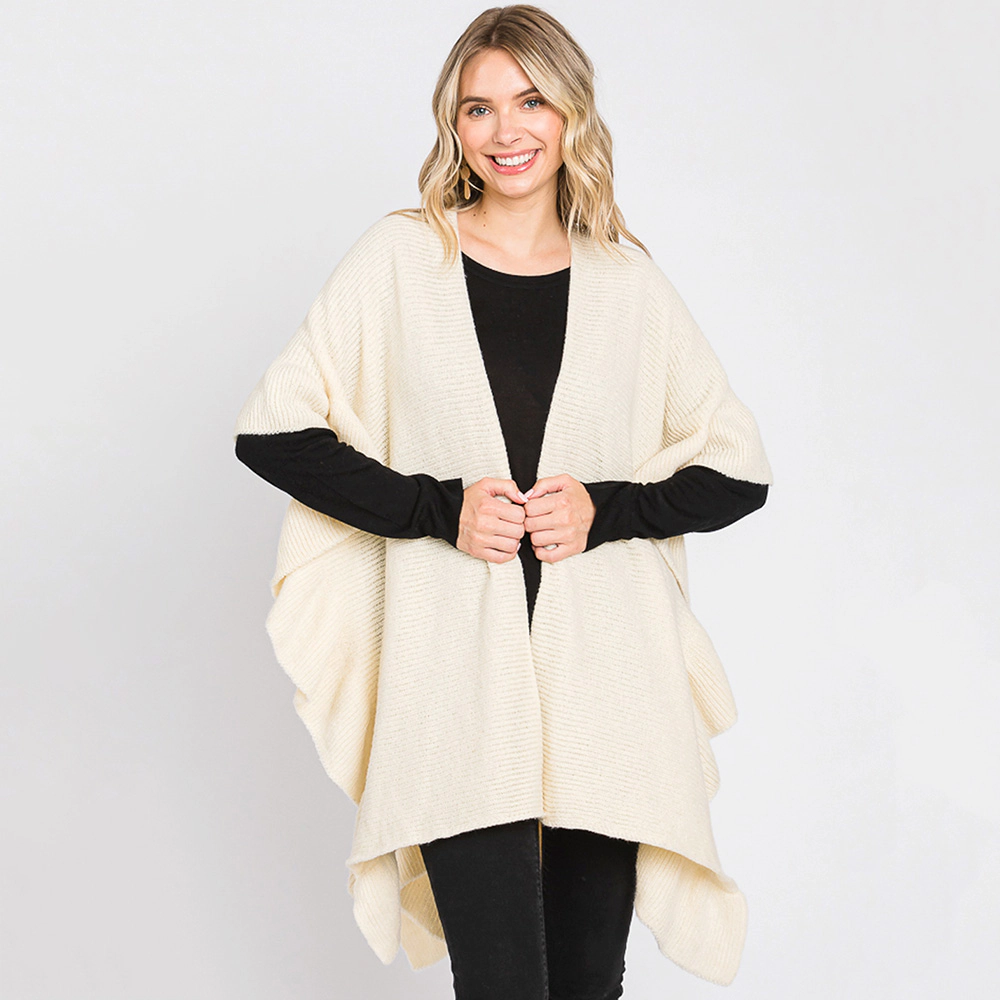 TRUEDAMES Women Solid Ruffle Knit Ruana Poncho