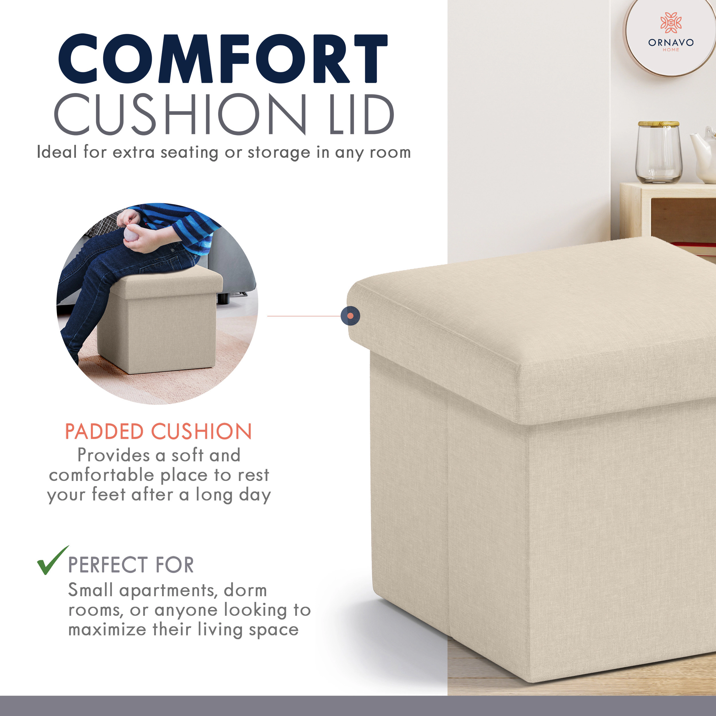 Ornavo Home Collapsible Small 12" Inch Square Storage Ottoman