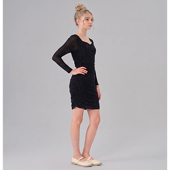 2Bunnies Girls' Tween Teen 8Y-14Y Glitter Shimmer Mesh Long Sleeve Ruched Bodycon Party Dress