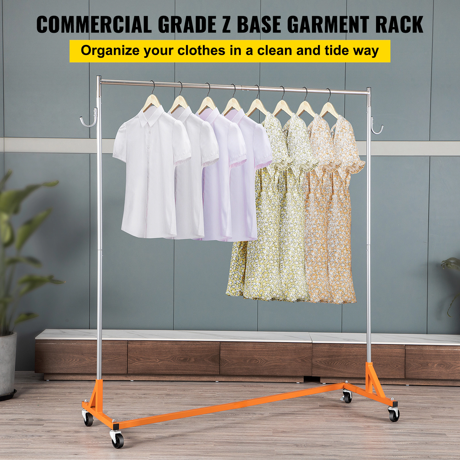 HONGGE Industrial Grade Z Base Garment Rack with Lockable Casters for Home Clothing Store Display