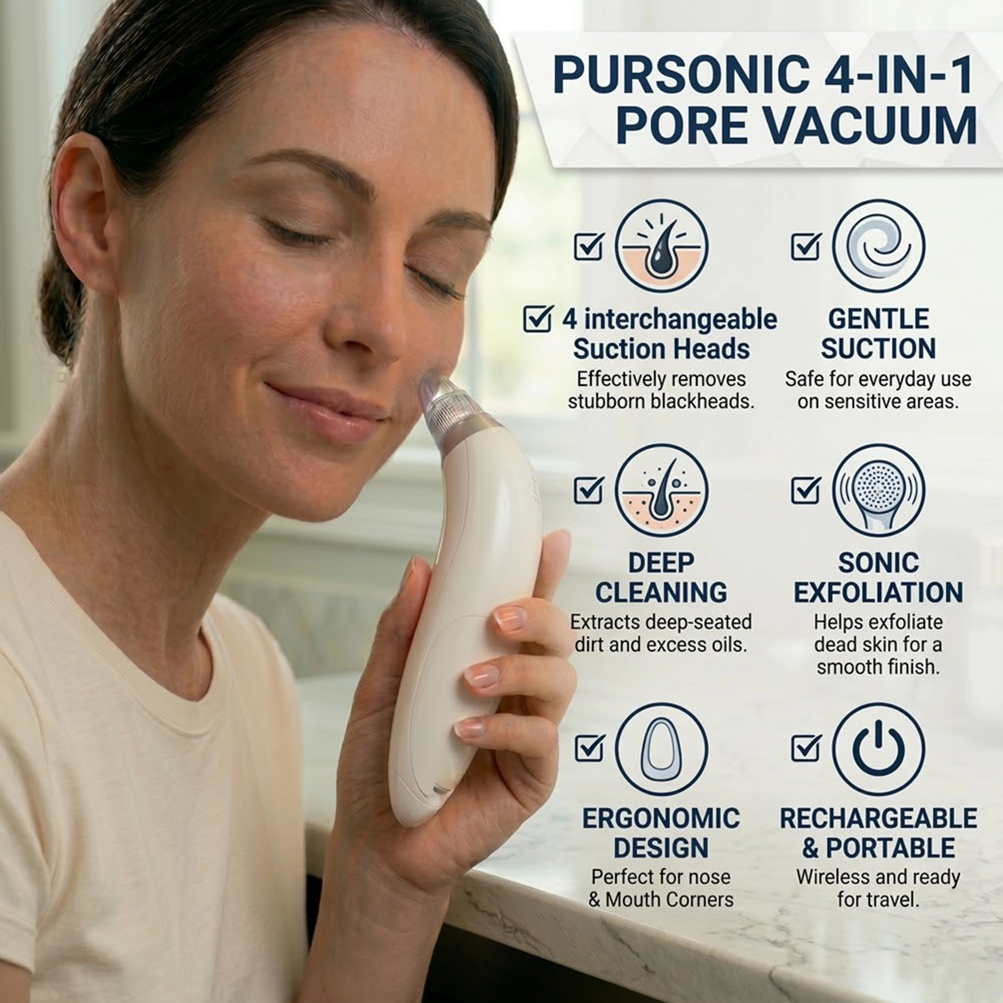 Pursonic Women's Pore Care Tool Pore Vacuum Blackhead Remover with 4 Replaceable Suction Heads