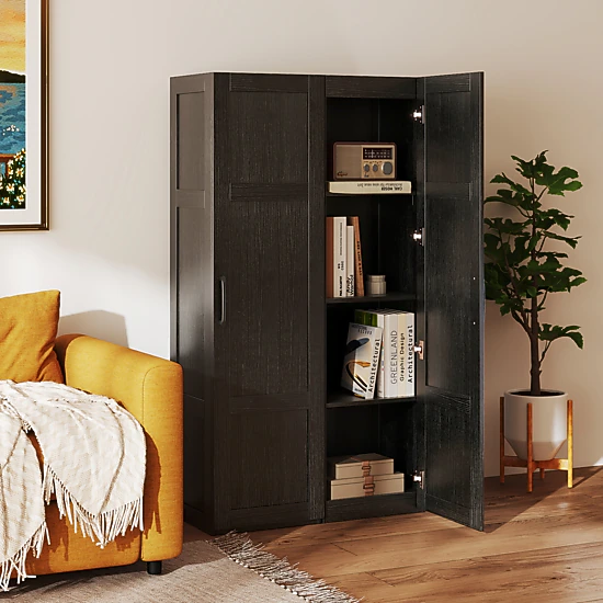 SUGIFT Black 110-lb Capacity 59-in Tall 4-Shelf Narrow Bathroom Storage Cabinet with Soft-Close Hinges