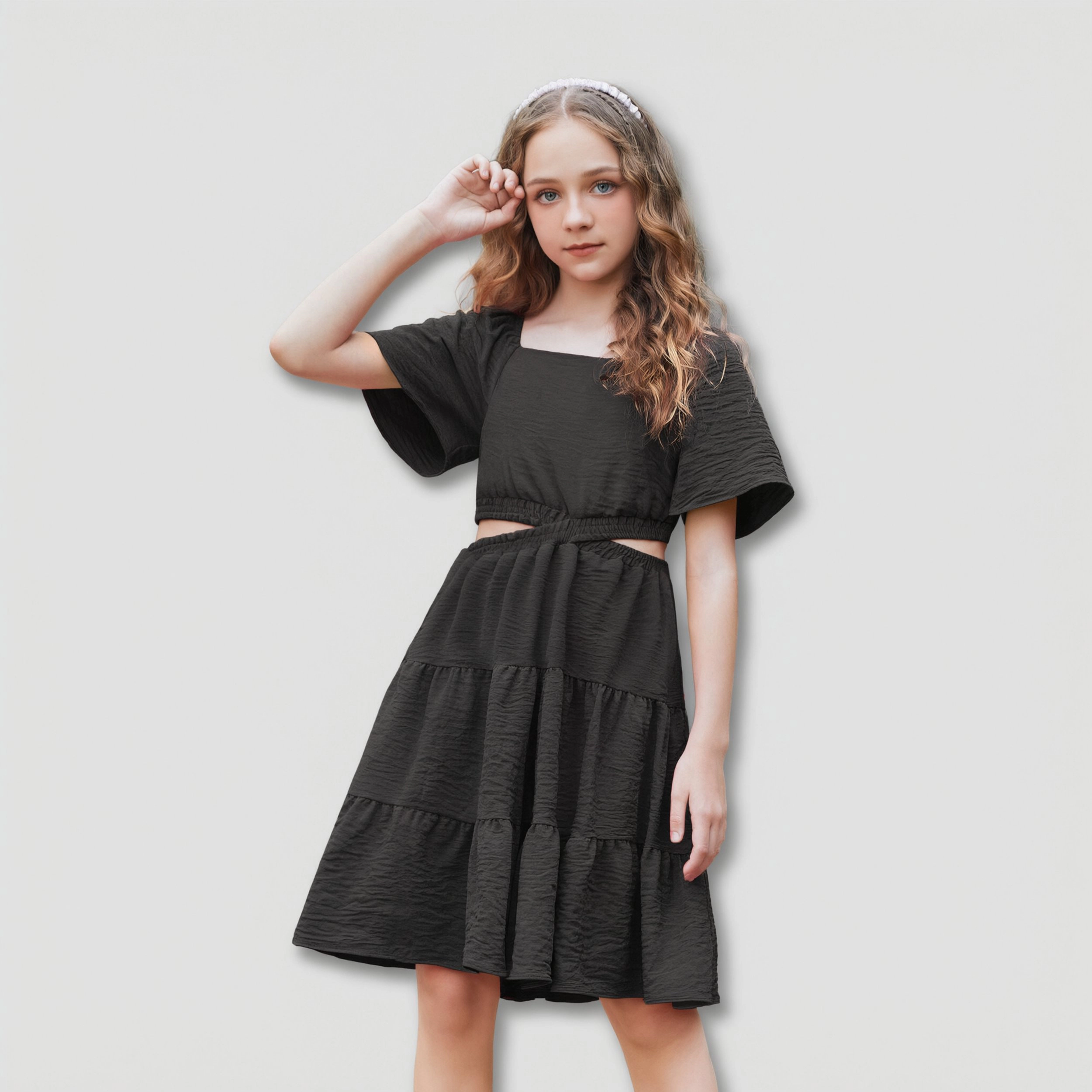 Arshiner Girls Dresses Square Neck Cut Out Shirred Ruffle Hem Easter Cute Spring Dress