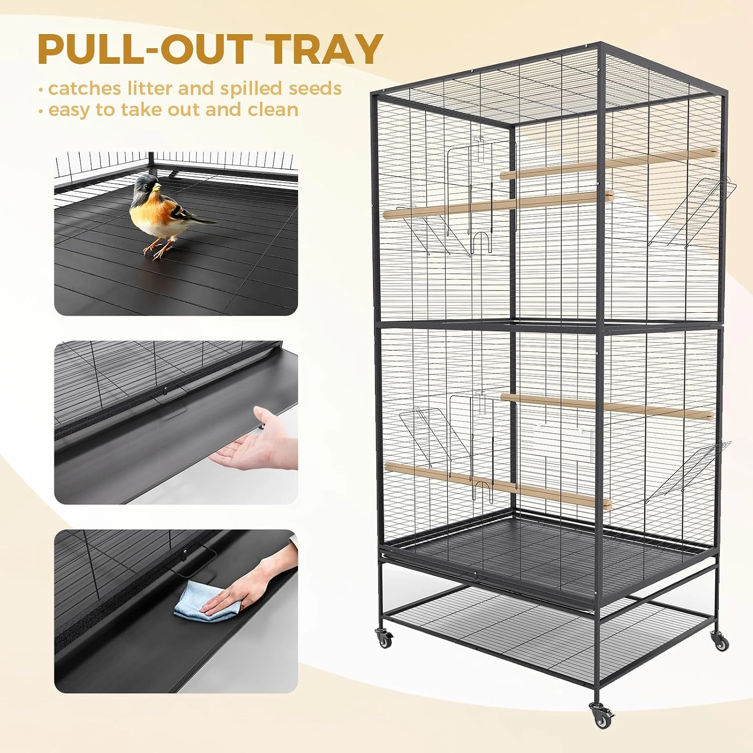 66-Inch Flat-Top Wrought-Iron Parrot Bird Cage, Rolling-Stand Large Pet Aviary for Parakeets