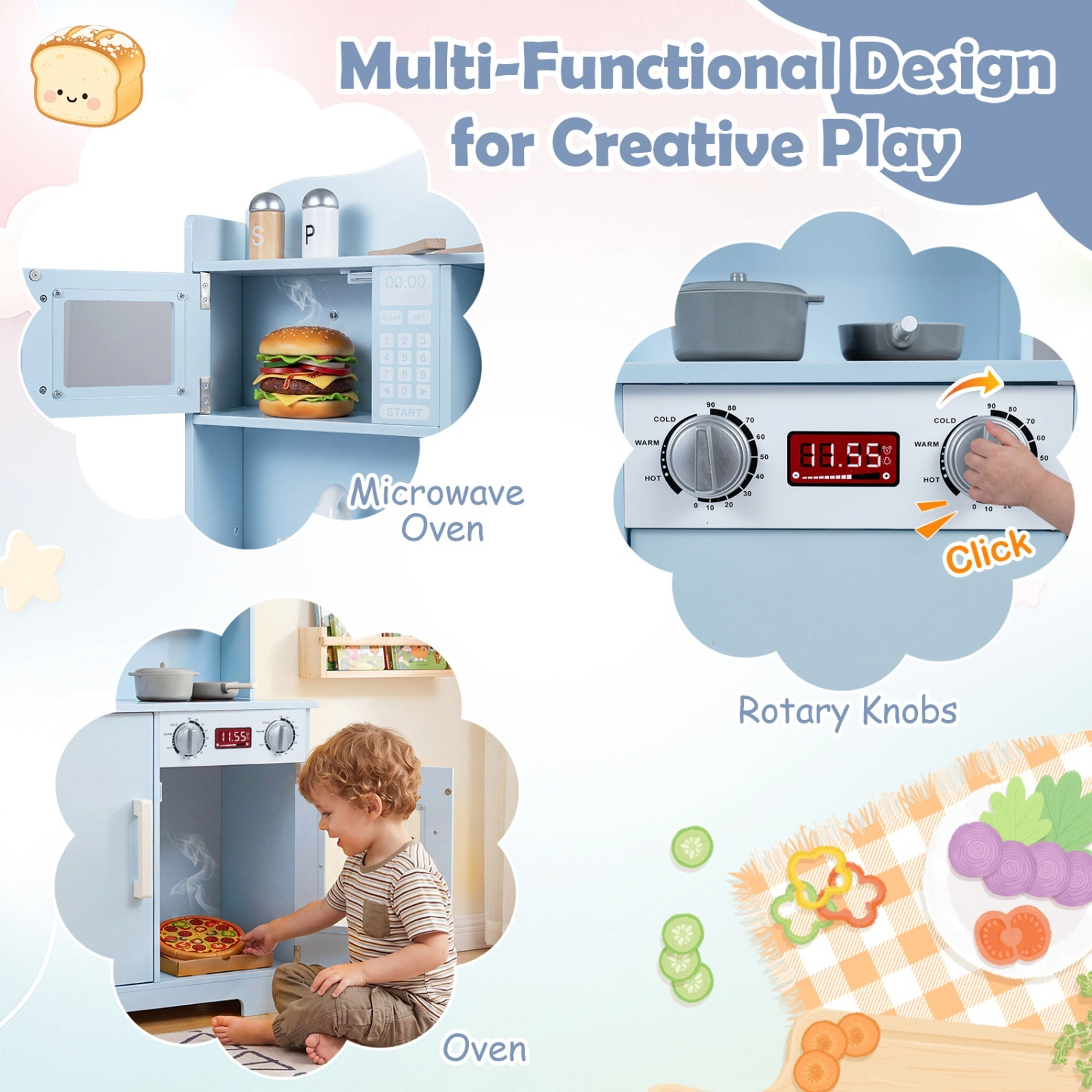 Wooden Play Kitchen for Kids with Range Hood Microwave Large Oven and Anti-Tip Device 24-in x 12-in x 36-in Blue