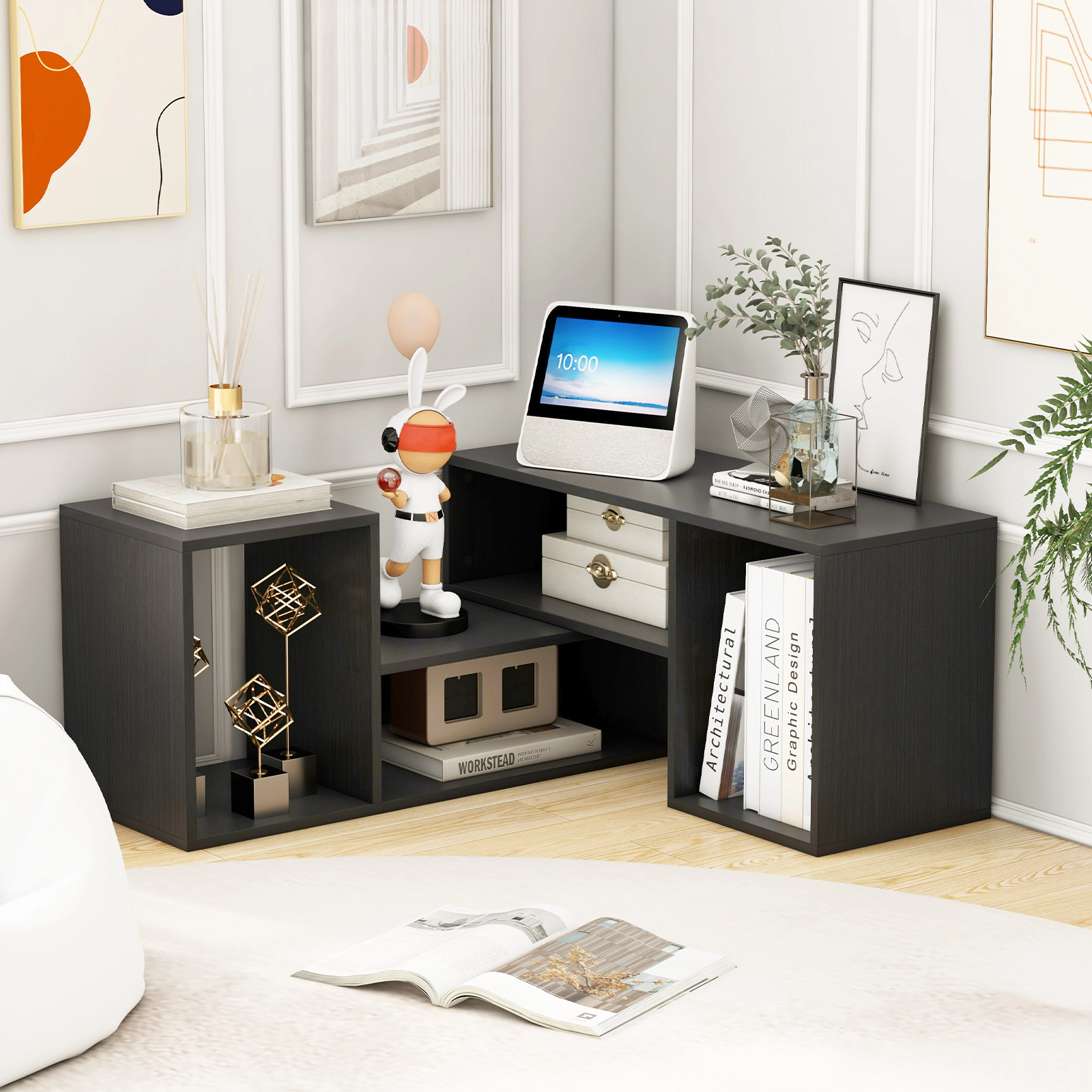 SUGIFT 2 Piece Adjustable TV Stand Black for TVs up to 55 in with Storage Cubes