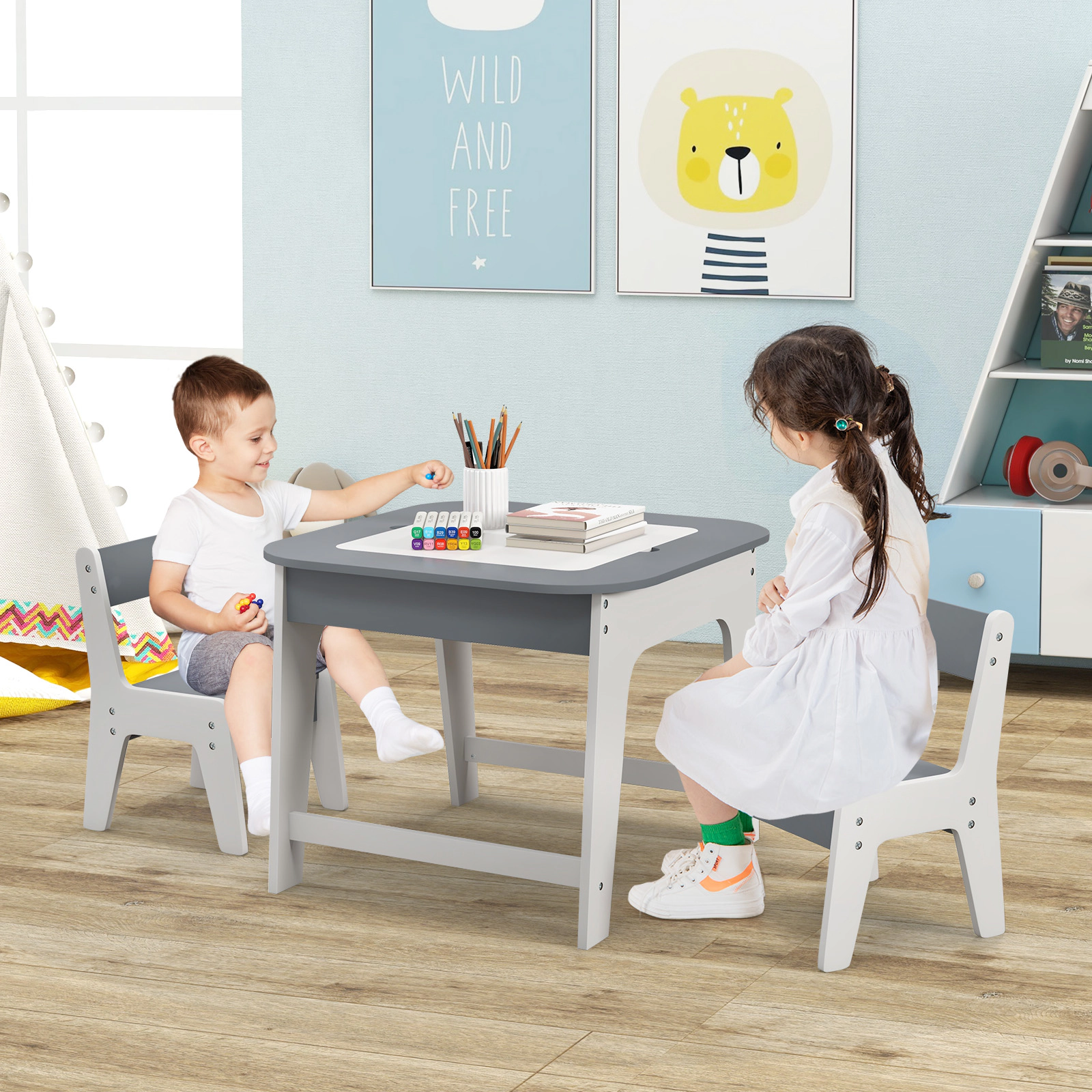 SUGIFT Double-Sided Kids Table and 2 Chair Set 19.5-in Tall 44-lb Table 66-lb Chairs Ages 3-6 Natural/Gray