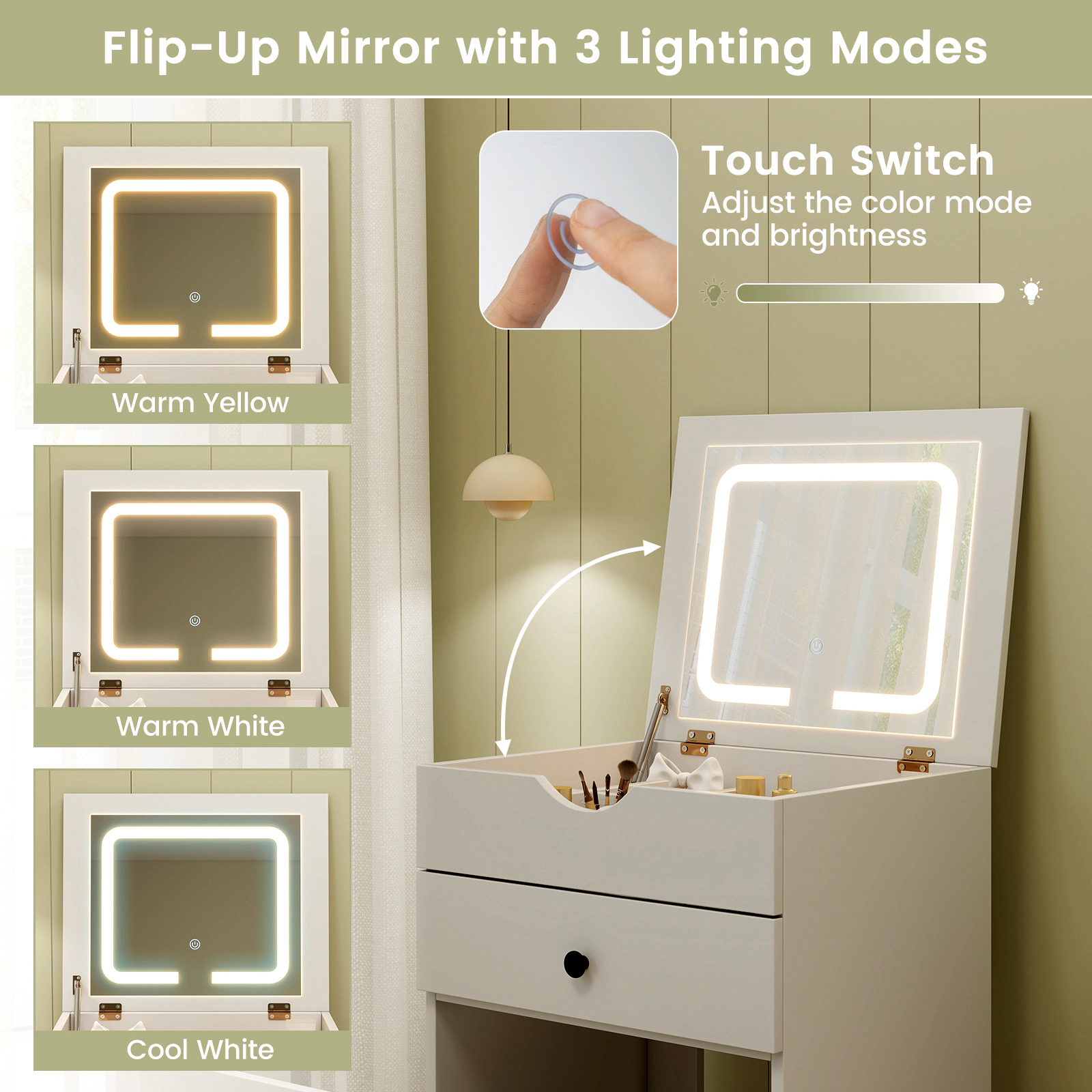 SUGIFT White 3-in-1 Vanity Set with Lighted Flip-Up Mirror, Stool and Locking Casters