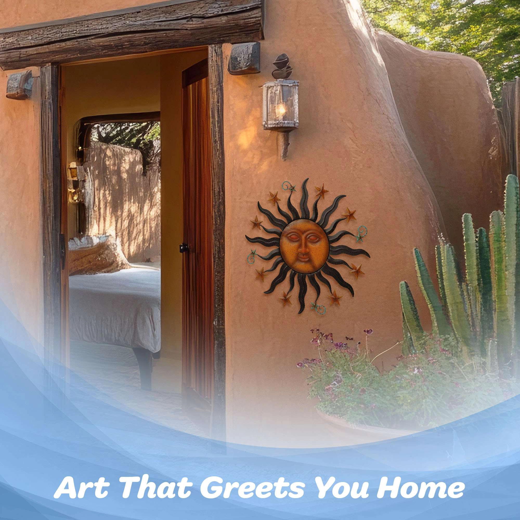 G128 24 in Hand-Painted Metal Sun Face Wall Art - Indoor Outdoor Garden Patio Decor