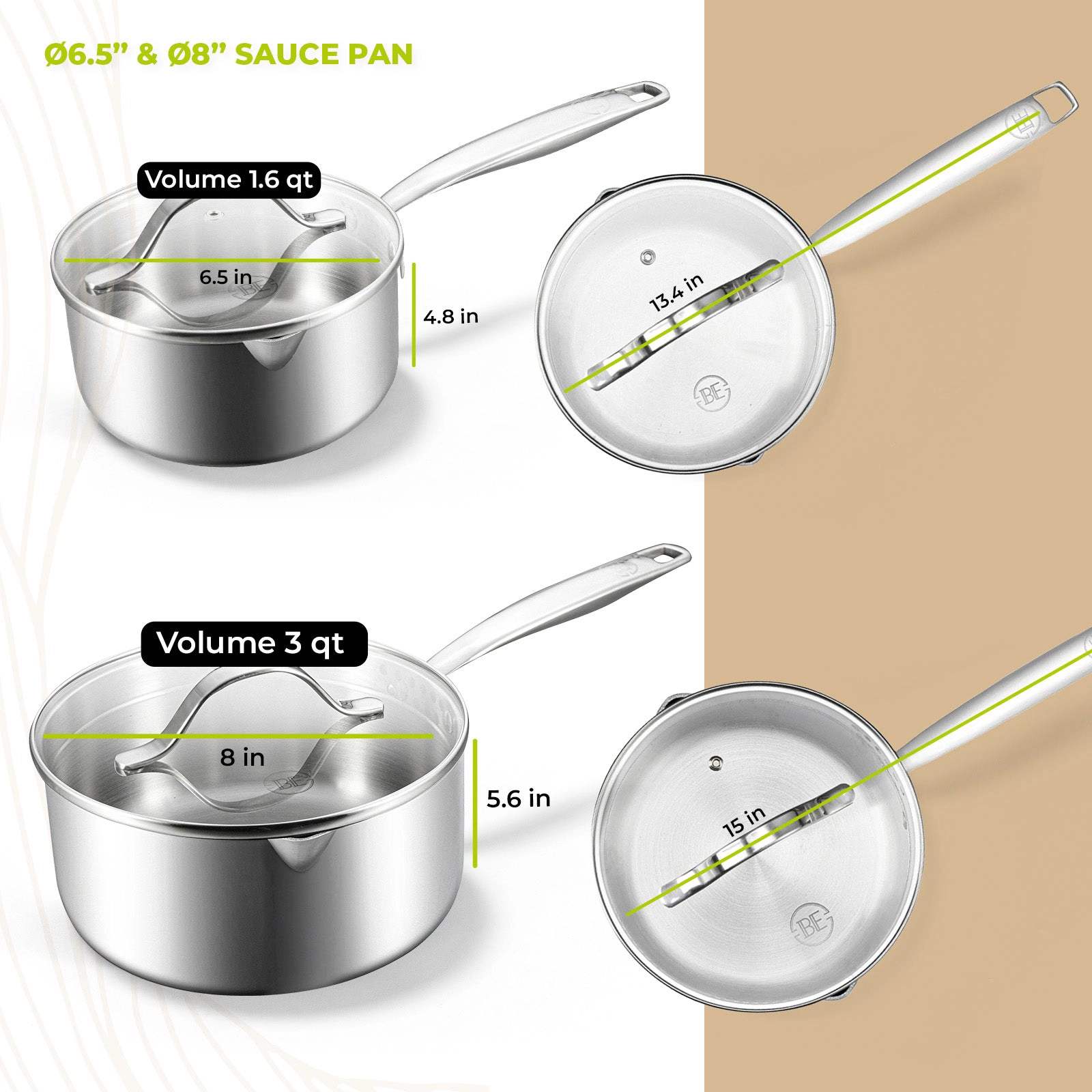 BE - LIVING Essential Series PFAS- free Tri-Ply Stainless Steel 12-Piece Cookware Set