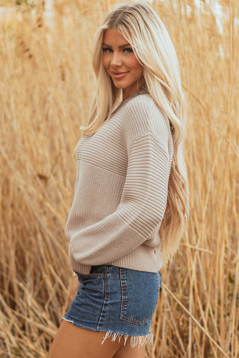 Threaded Pear Women's Delaney Texture Knitted Puff Sleeve Sweater