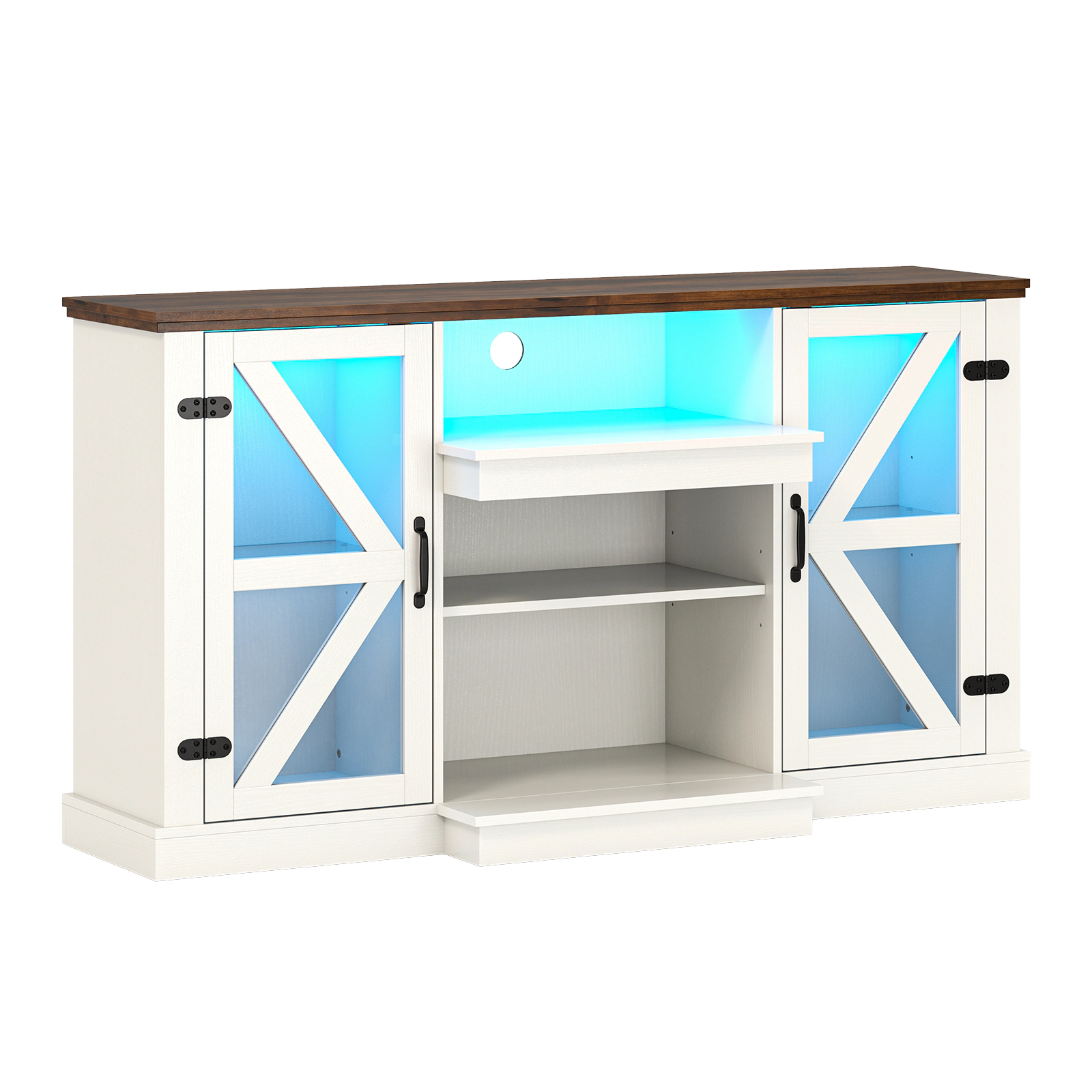 SUGIFT 59-in White TV Stand for TVs up to 68-in, LED Lighting and Glass Cabinets