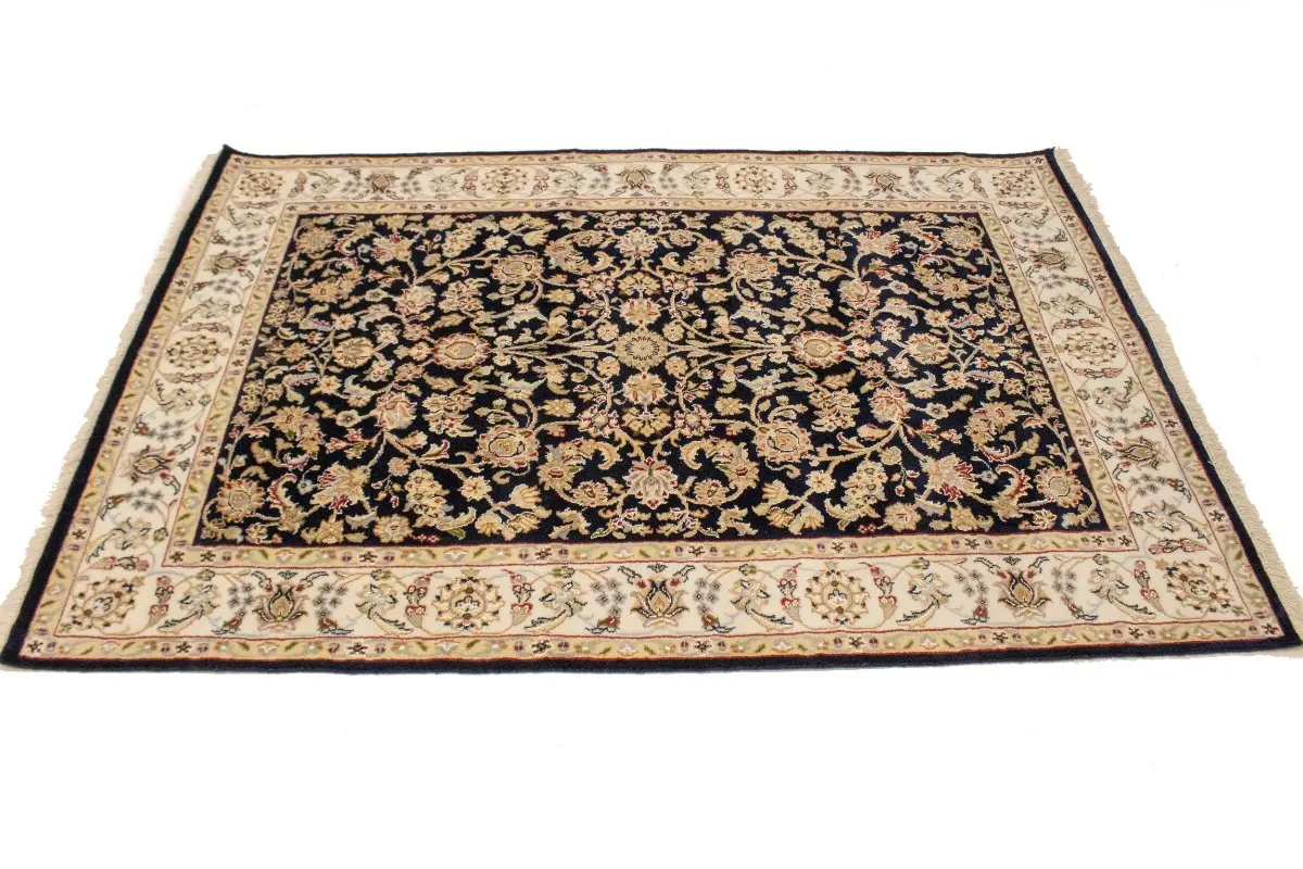 Magic Rugs 4'1 X 6'0 Floral Dark Navy Hand Knotted Indo-Nain Wool Rug
