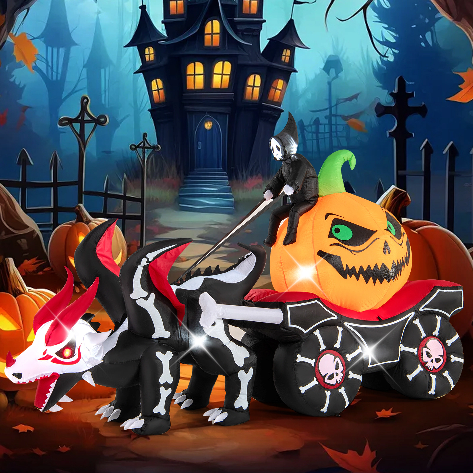 LJG Halloween Inflatable LED Lighted Carriage with Pumpkin and Skeleton Dragon