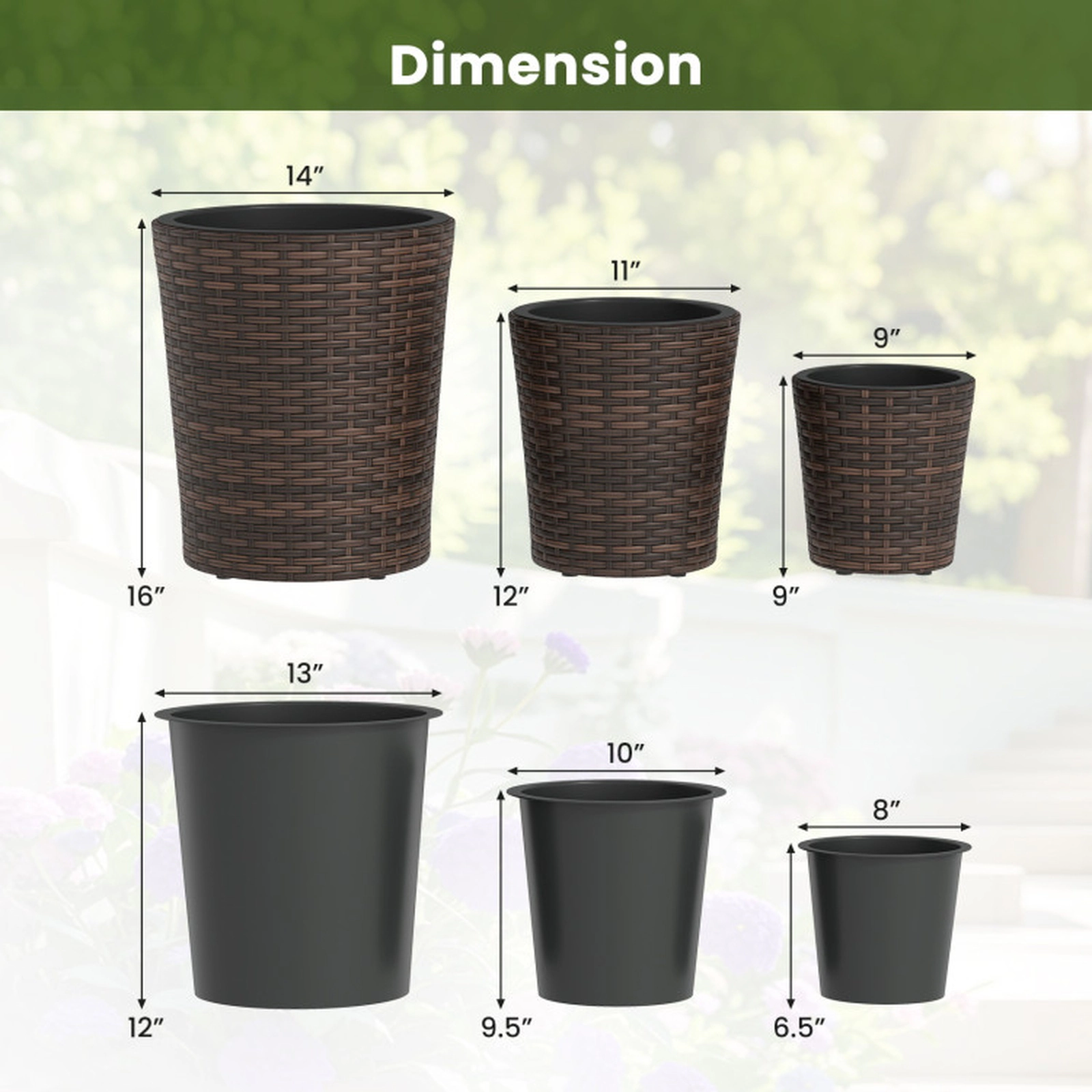 SUGIFT Set of 3 Brown Rattan Style Planters with Drainage Holes and Saucers 14-in W 14-in D 16-in H
