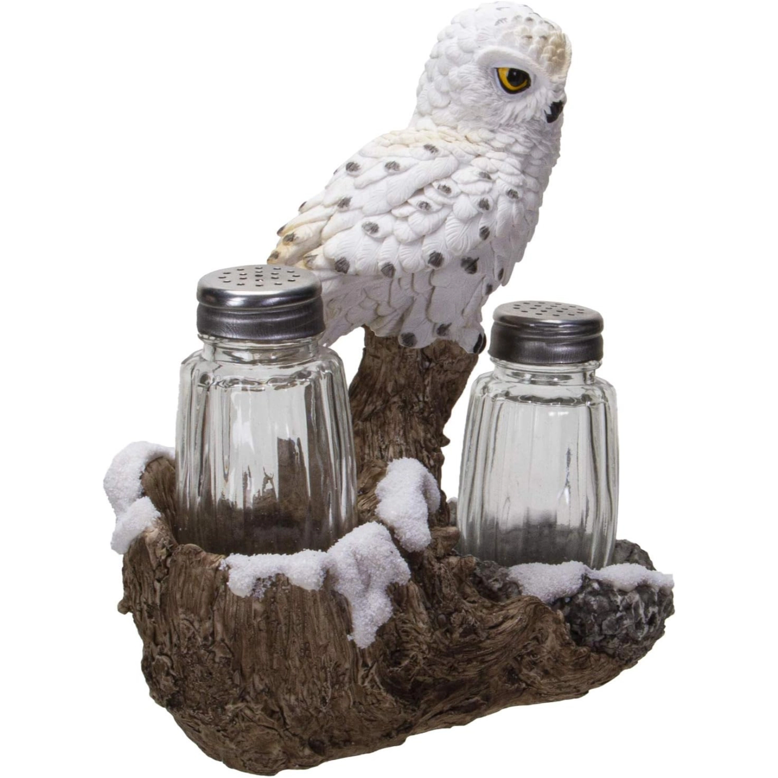 Pacific Giftware Snow White Owlet Owl On Snowy Branch Glass Salt Pepper Shakers with Holder