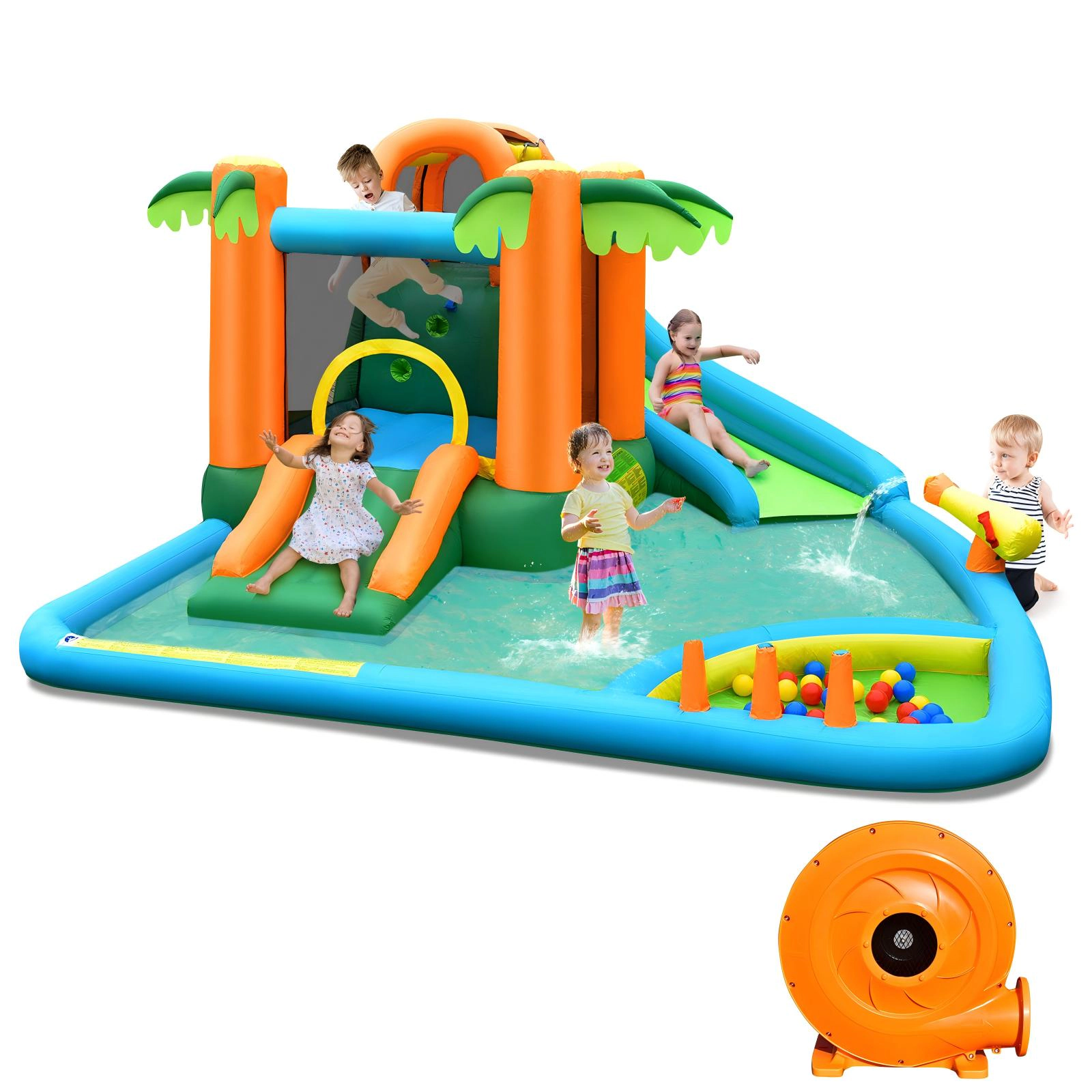 SUGIFT 7-in-1 Inflatable Water Slide Park with 2 Slides Splash Pool Ball Pit Water Cannon and 780W Blower