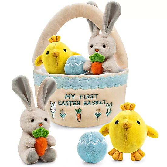 Sperric Easter Baby Plush Playset w/ Easter Basket, Bunny Holding Carrot, Easter Egg, & Squeaky Chicken - Sensory Toys