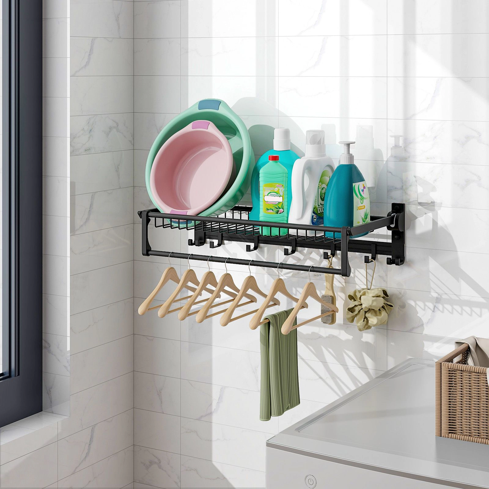 SlickBlue Wall Mounted Towel Rack with Hooks and Storage Basket