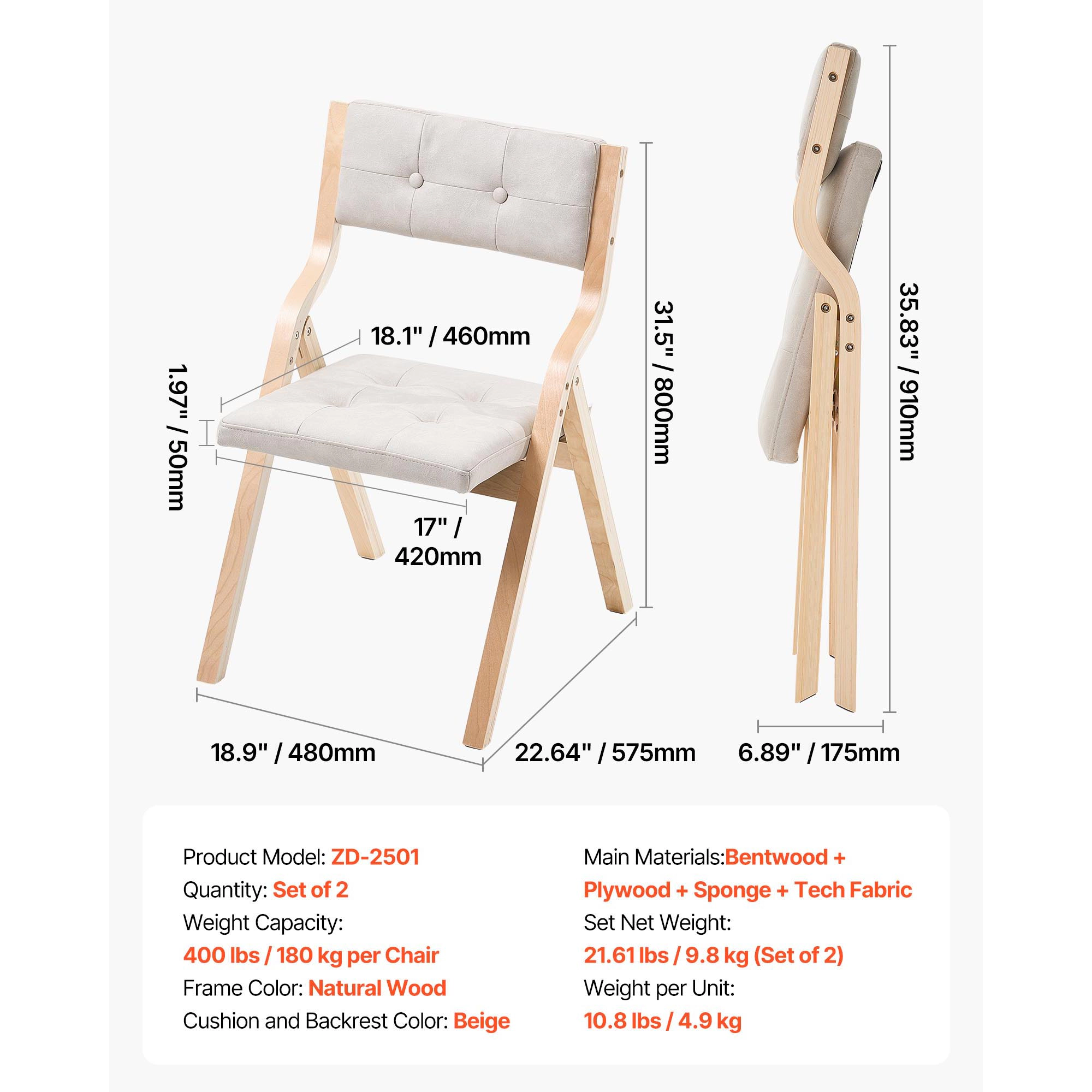 HONGGE Wooden Folding Chairs with Cushion Portable Foldable Cushion Chair with Wooden Frame Modern Padded Dining Chair