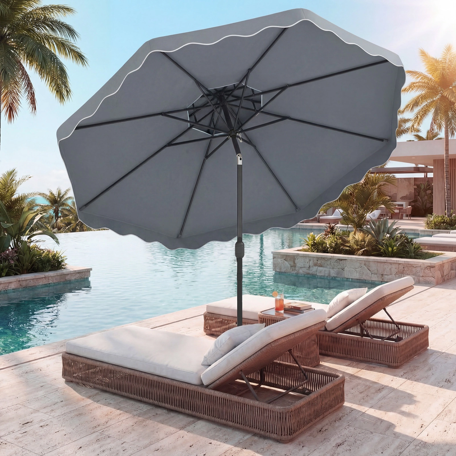 SUGIFT 9-ft Gray Ruffled Market Patio Umbrella, Vented Top, Crank Lift, Push-Button Tilt