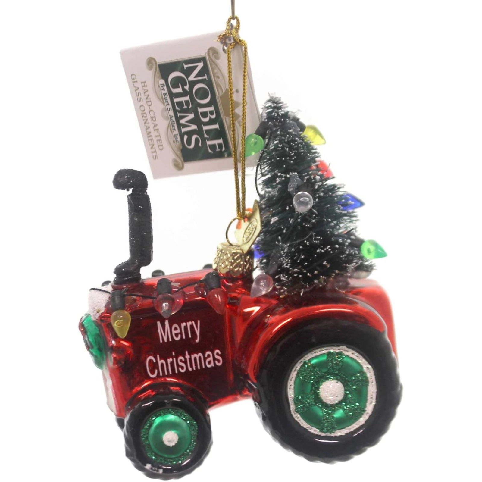 Noble Gems Festive Merry Christmas Red Tractor with Tree Glass Ornaments 4 inch