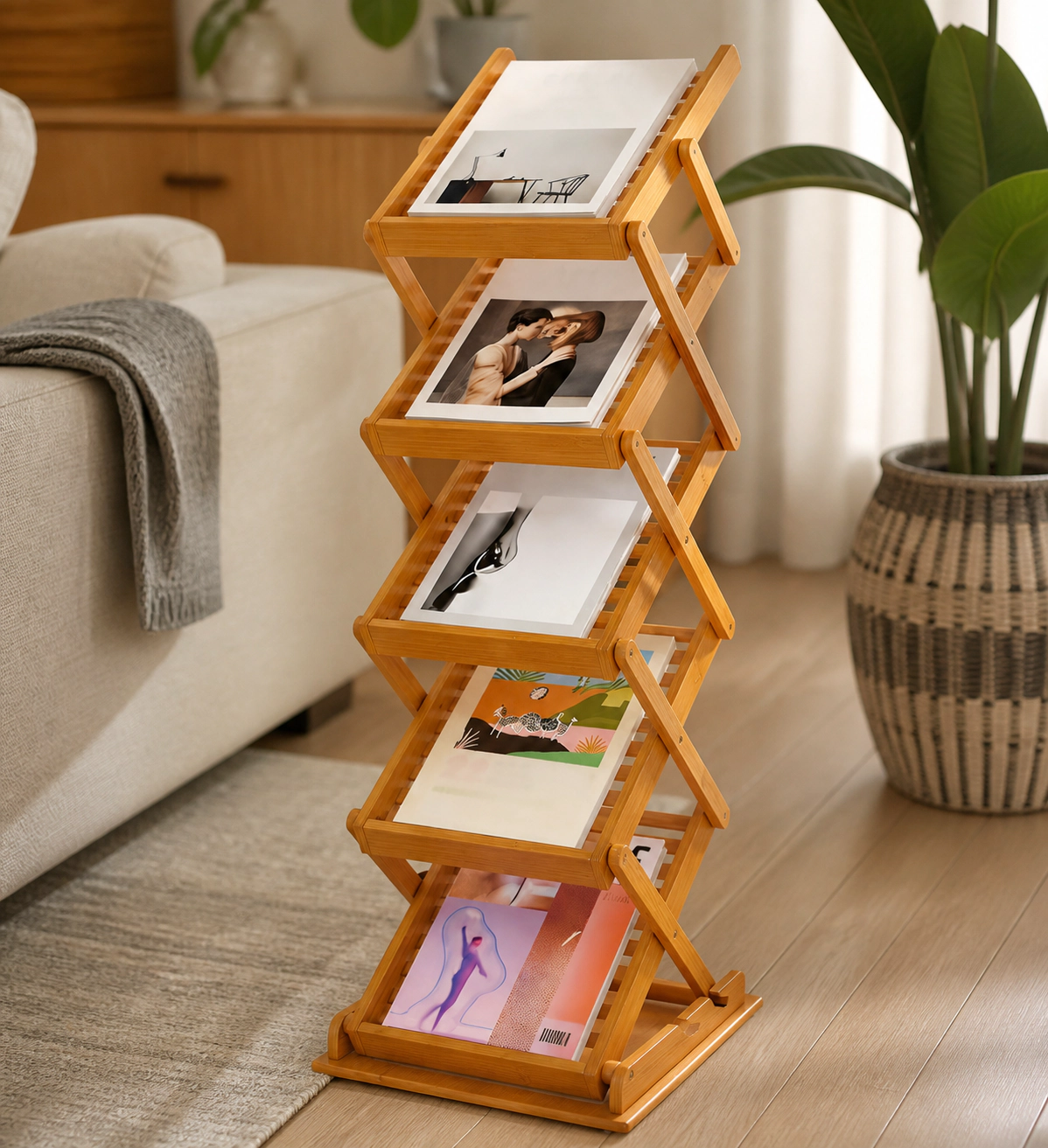 SUGIFT 5-Tier Walnut Foldable Bamboo Magazine Rack Floor Stand with 2 Adjustable Heights and Display Holder