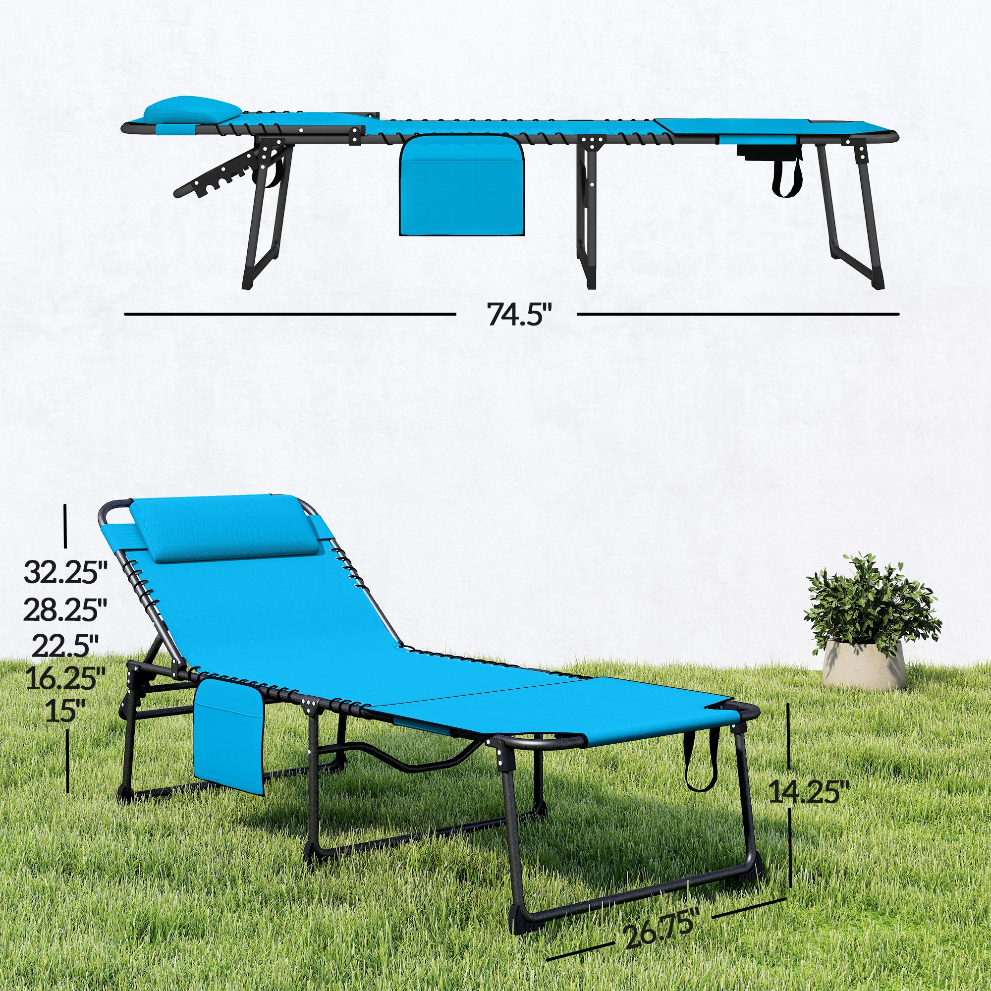 HONGGE Folding Chaise Tanning Lounge Chair w/ 5-level Reclining Back Reading Hole Side Pocket Headrest