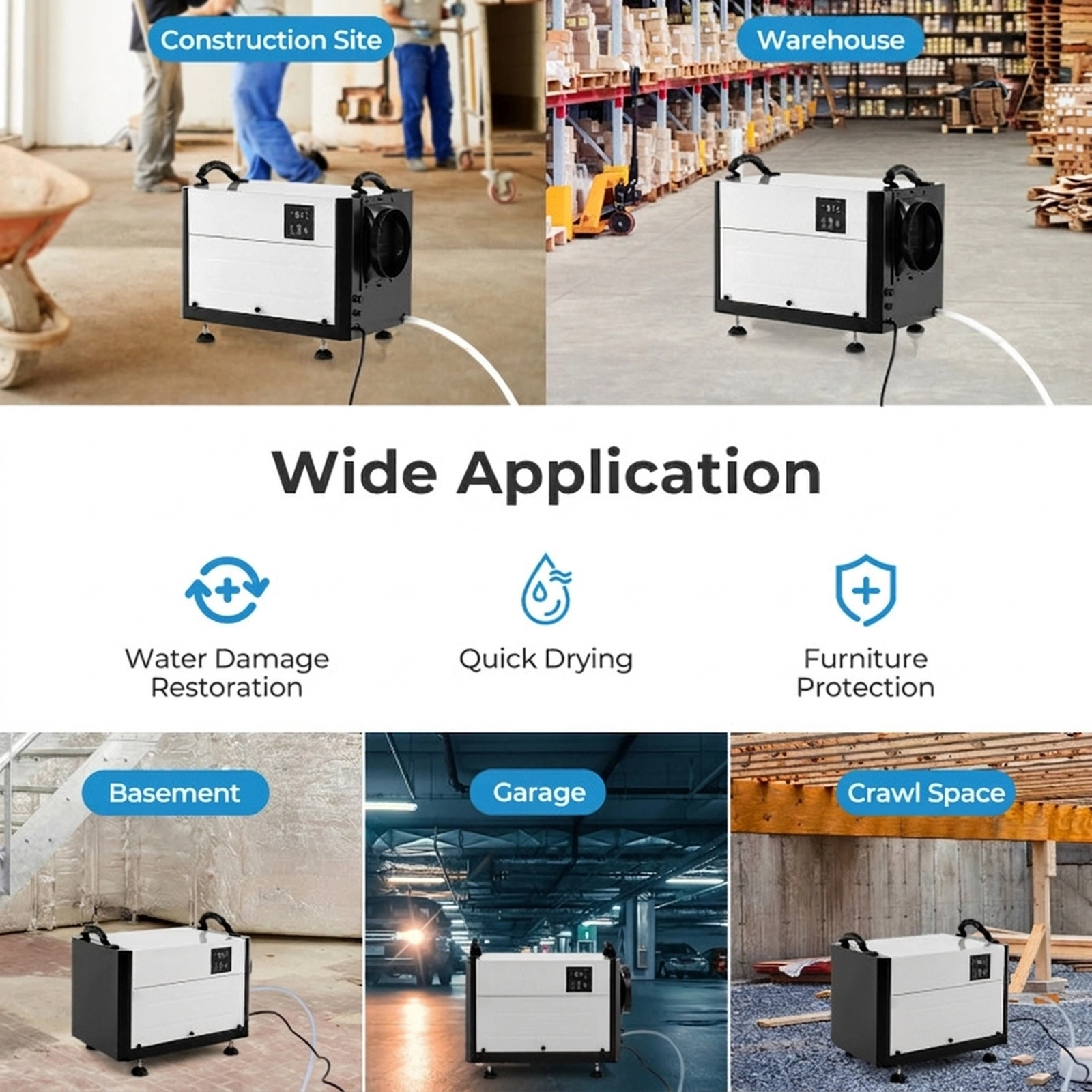 SUGIFT 124-Pint Crawl Space Dehumidifier with 3 Modes and 24H Timer 20.5-in Long 1300-Sq-Ft Coverage Blue/White
