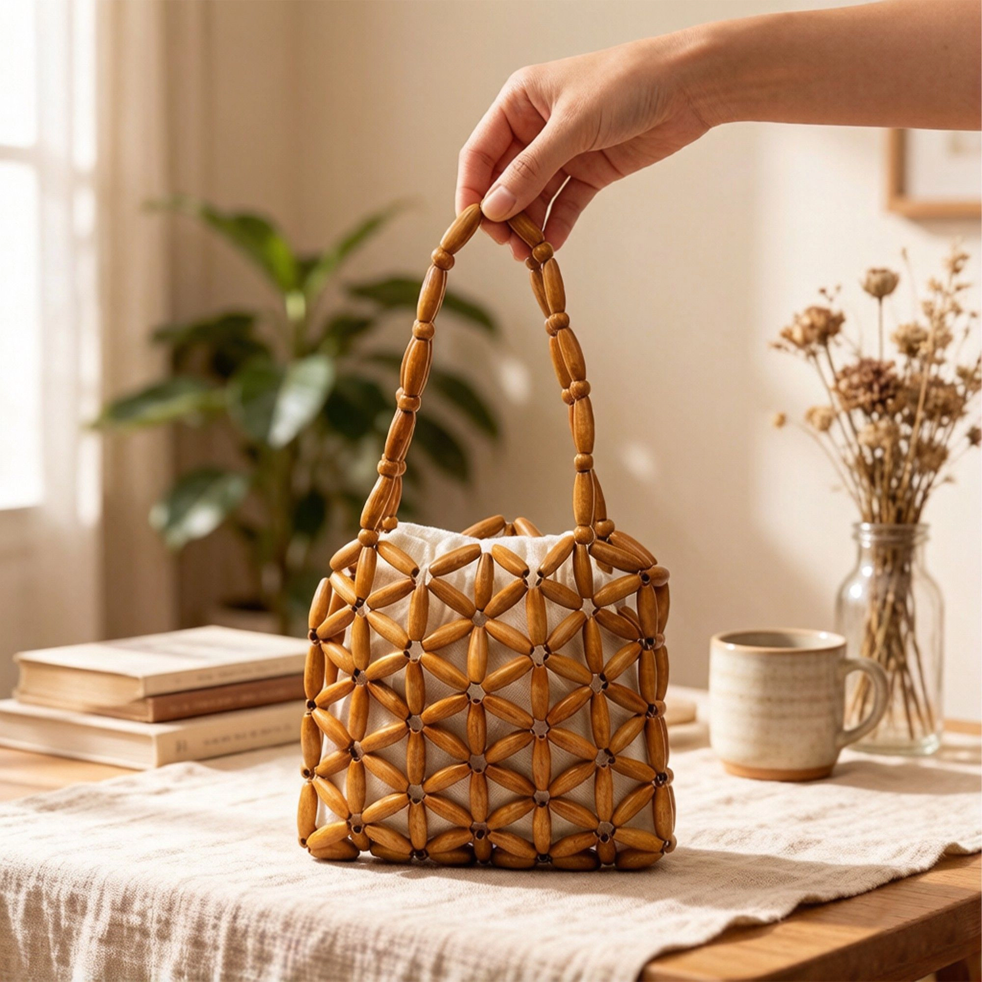 Alilang Women's Wooden Beaded Tote Bag Structured Geometric Design with Inner Pouch Open Weave Shoulder Handbag