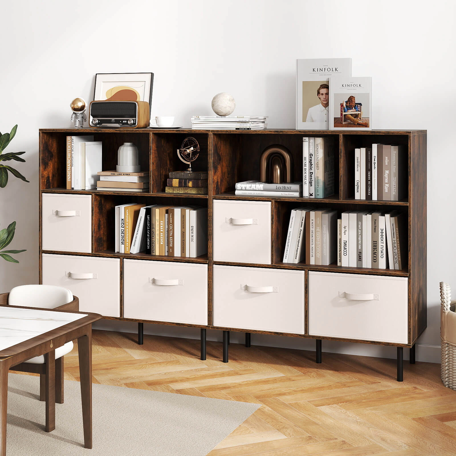 Costway 6-Cube Bookcase with 3 Removable Folding Fabric Drawers 2 Anti-tip Devices for Home Rustic Brown