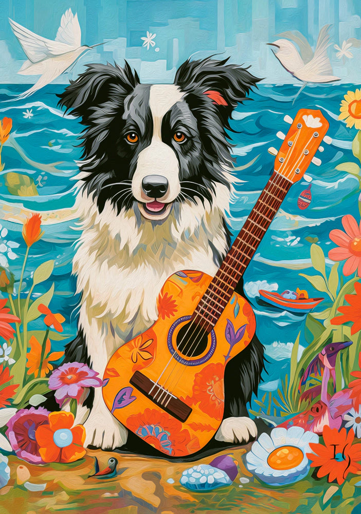 CASTORLAND 500 Piece Jigsaw Puzzles, Collie, Guitar and the Sea, Animal puzzle, Dog, Pets, B-54008