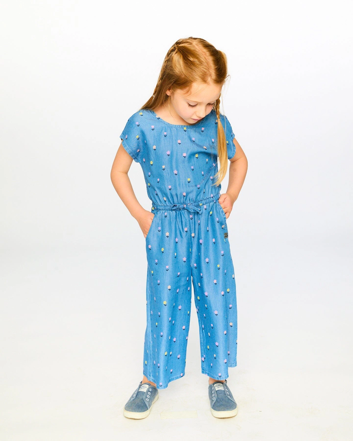 Deux par Deux Girls Chambray Jumpsuit Flower Print